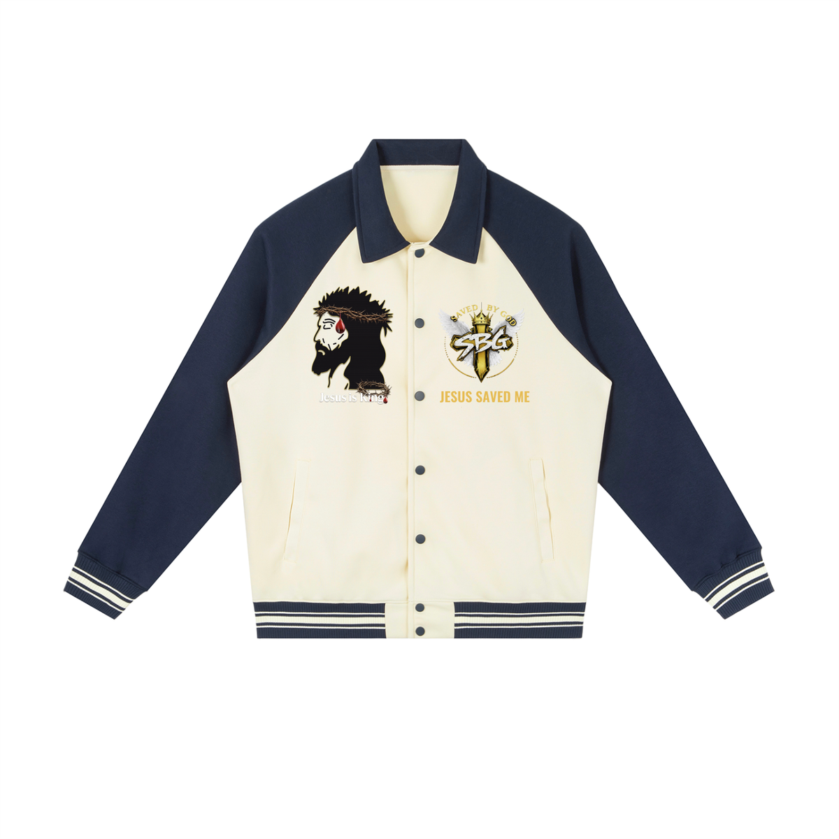 JESUS IS KING w/ Word Cross Raglan Sleeve Baseball Jacket