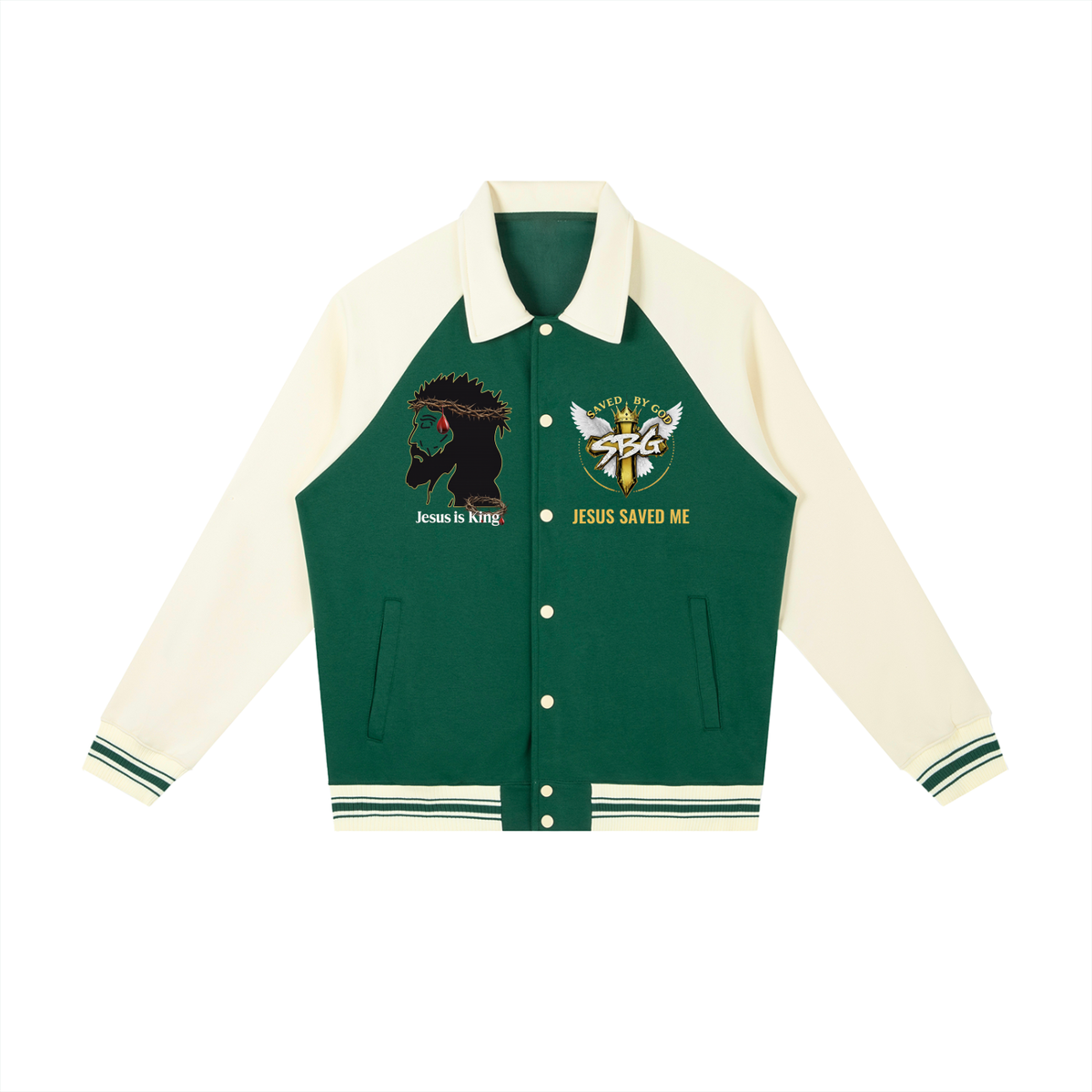 JESUS IS KING w/ Word Cross Raglan Sleeve Baseball Jacket