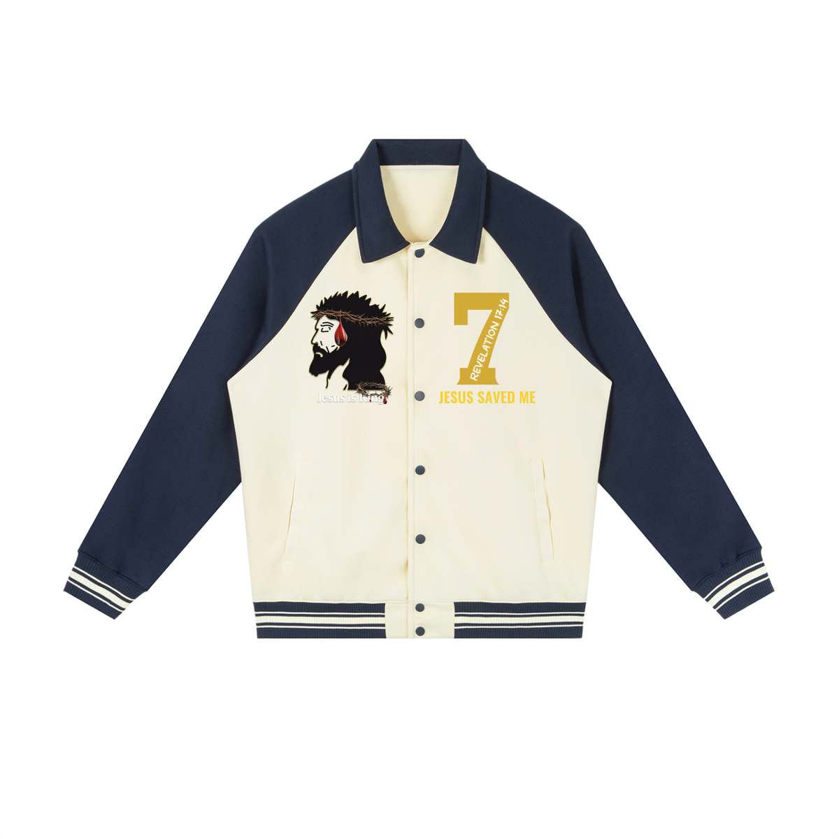 JESUS IS KING w/ 7 Raglan Sleeve Baseball Jacket