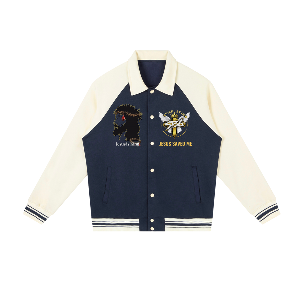 JESUS IS KING w/ Word Cross Raglan Sleeve Baseball Jacket