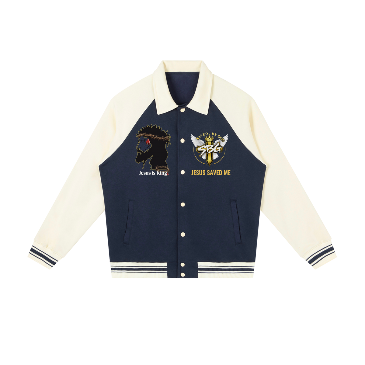 JESUS IS KING w/ Word Cross Raglan Sleeve Baseball Jacket