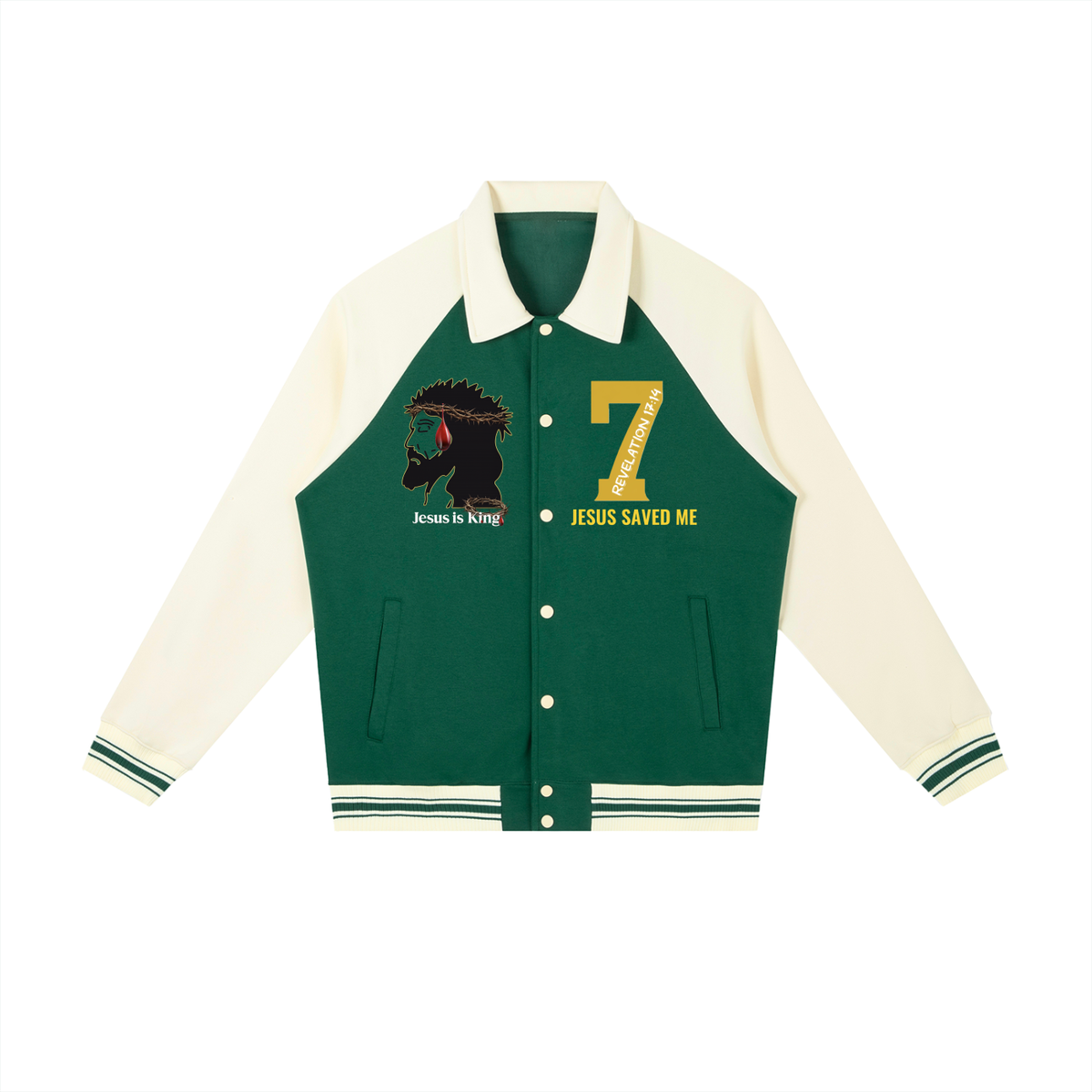 JESUS IS KING w/ 7 Raglan Sleeve Baseball Jacket