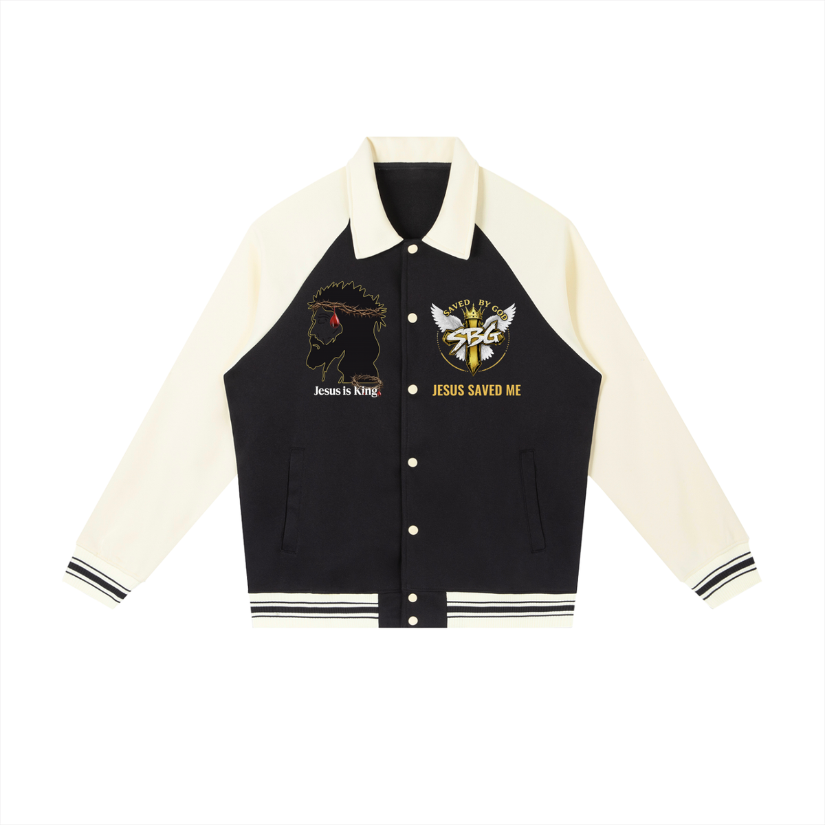 JESUS IS KING w/ Word Cross Raglan Sleeve Baseball Jacket