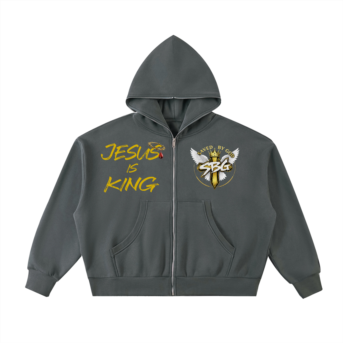 JESUS IS KING Fleeced Full-Zip Boxy Hoodie