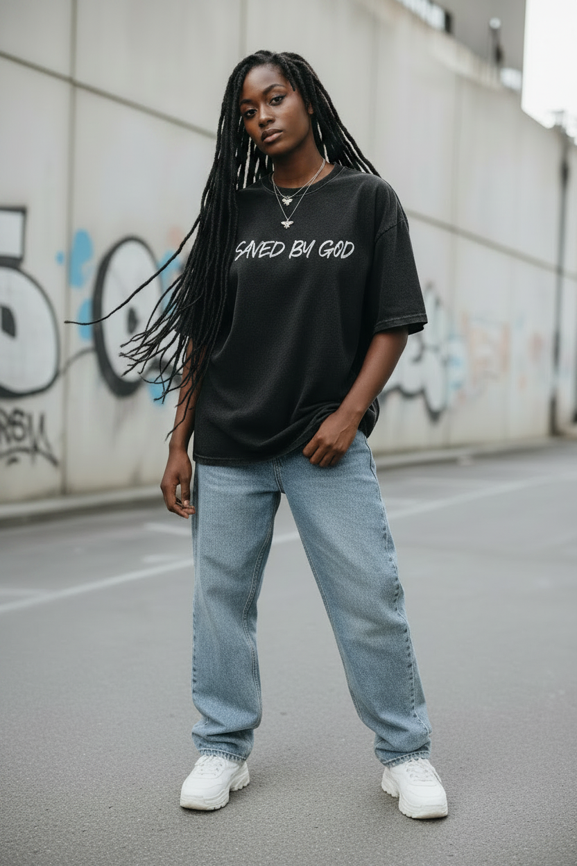 Woman with Long Locs in Saved By God Tee